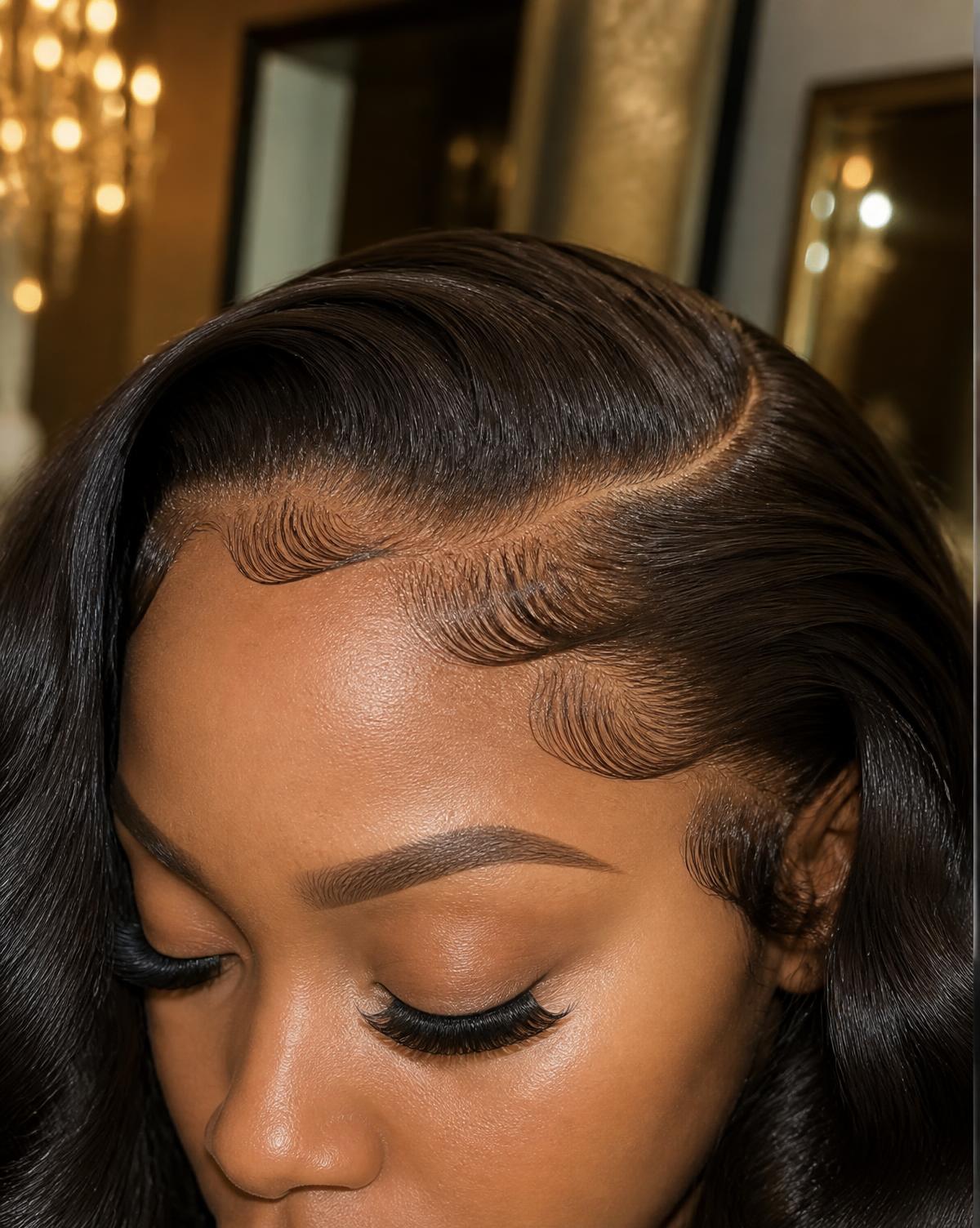 Close-up of a customized lace hairline with laid baby hairs